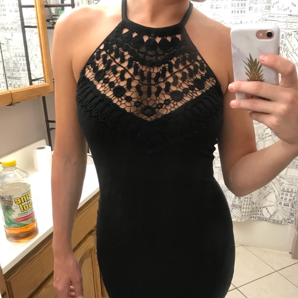 Lace top fitted black dress